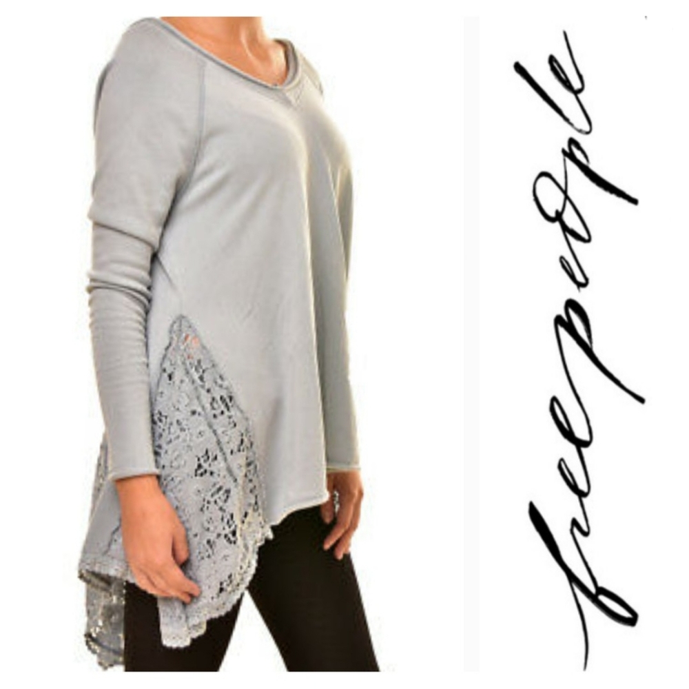 Free People Lace Inset Pullover Tunic Top Size S/M Blue Gray Long Sleeve NEW NWT